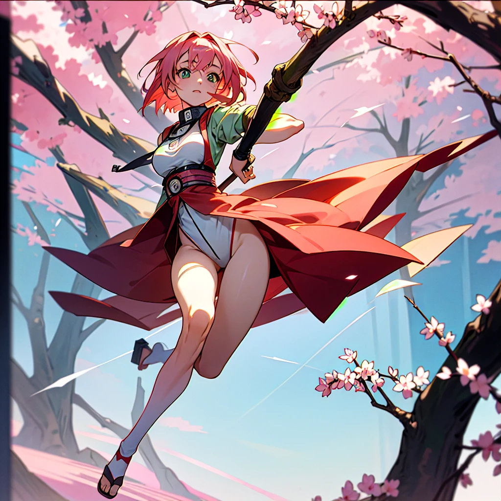 Anime, high resolution, 1 girl, 20 years or older, short straight hair, pink hair, anime, full body, dynamic pose, anime, sakura (( anime character naruto )), large detailed eyes of green color, large breasts, she is facing the audience, regatta cut tight to the body, regatta in pale red color, anime, sakura, large breasts, long legs, camel fingers, sakura, anime, HD, masterpiece, best quality, high_resolution, finely detailed, extremely detailed and beautiful, distinct_image.