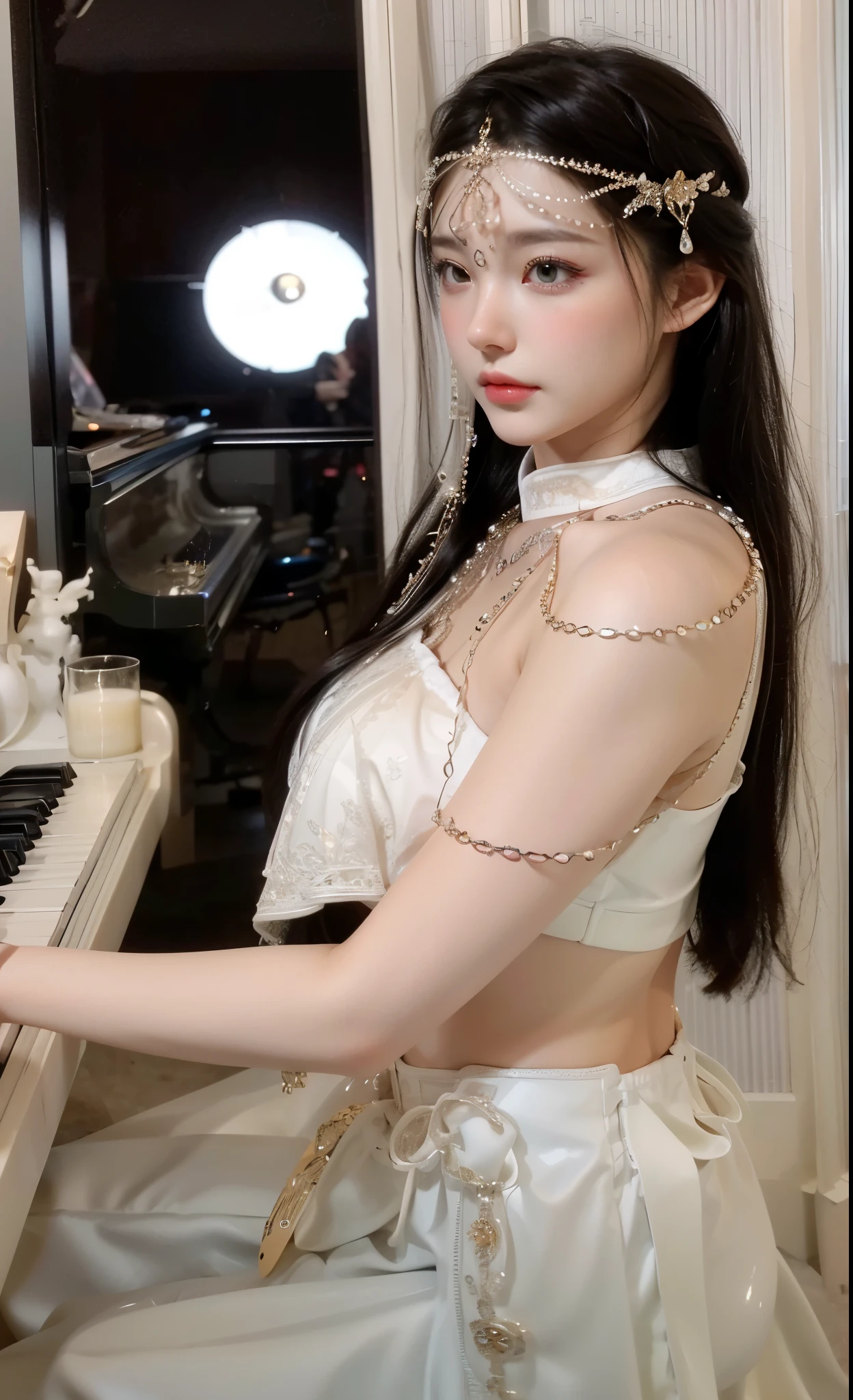 Game Art,CG Animation,Best image quality,Maximum resolution,8K picture quality,(A bust photo),(portrait),(Head close-up),(Rule of Thirds),Unreal Engine 5 rendering works,20 year old girl,((Queen)),The eyes are very detailed,(Large Breasts),Elegance and nobility,Ray Tracing,Game CG,((3D Unreal Engine)),OC rendering reflection mode,4k,Ultra-clear,Translucent lace,Fair and plump figure,Pretty Face,Glossy Gel Coat,身着华贵礼服的Queen,Gorgeous clothing,Luxurious and exquisite jewelry,Colorful makeup,Chinese Hanfu,Ancient beauty,play piano