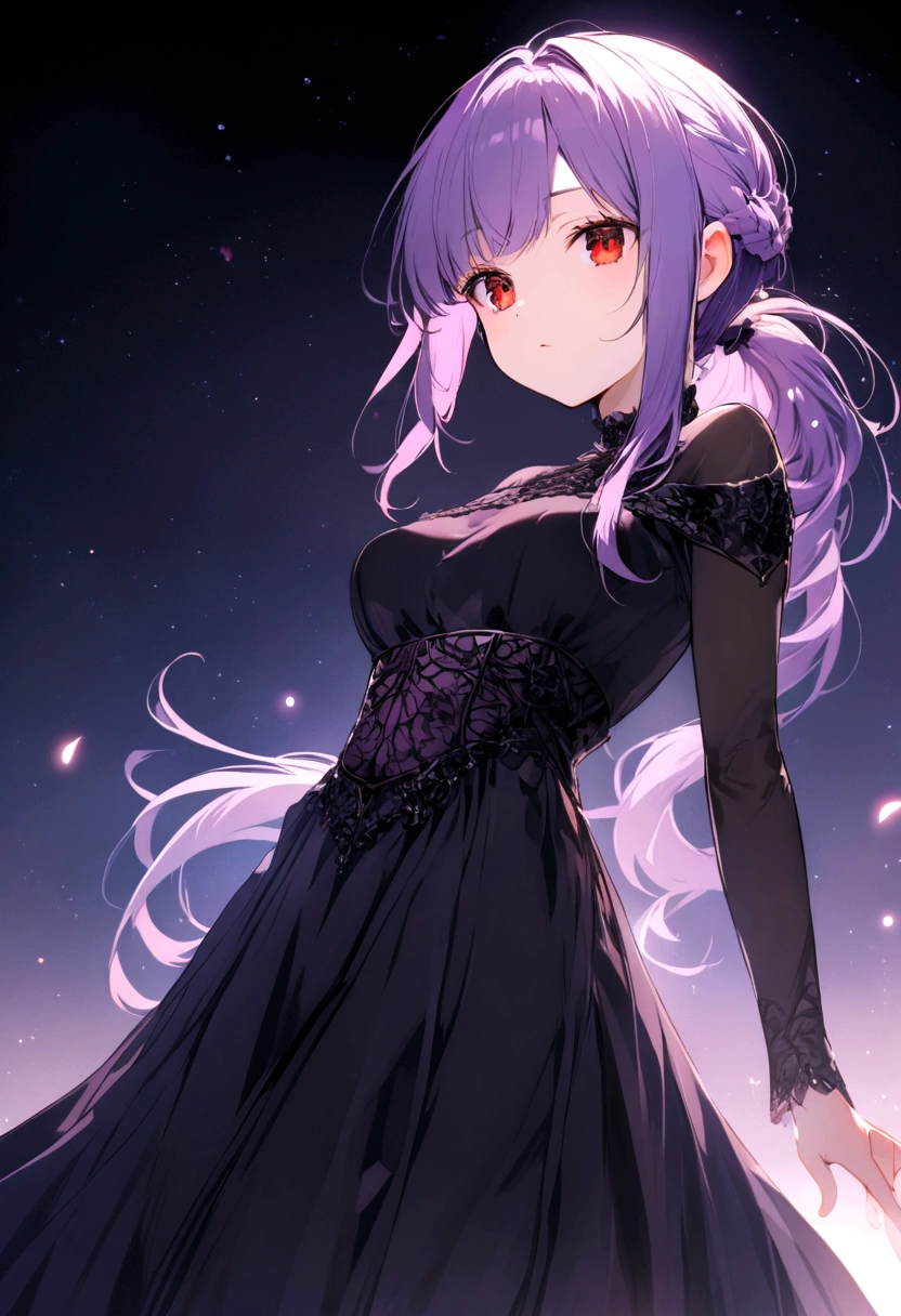 purple haired girl, waist length ponytail, red eyes, wearing black dress like model,