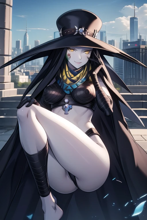 Masterpiece, best quality, Scathach, solo, female1, shin megami tensei, cape hat, flower tattoo, gloves, white skin, (yellow eyes 1.1), flowing, sitting, shirt, smile, park, city