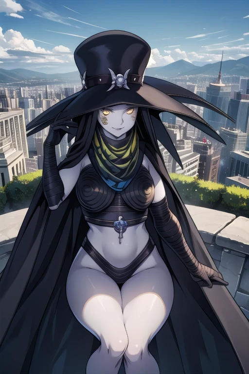 Masterpiece, best quality, Scathach, solo, female1, shin megami tensei, cape hat, flower tattoo, gloves, white skin, (yellow eyes 1.1), flowing, sitting, shirt, smile, park, city