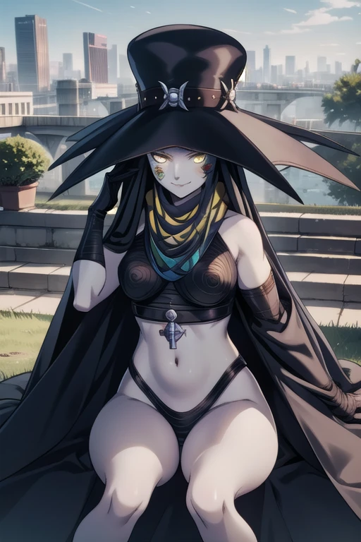 Masterpiece, best quality, Scathach, solo, female1, shin megami tensei, cape hat, flower tattoo, gloves, white skin, (yellow eyes 1.1), flowing, sitting, shirt, smile, park, city