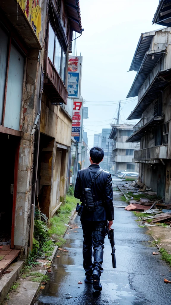 Back view of a cool spy holding a gun、Abandoned Building、Look back and watch your back