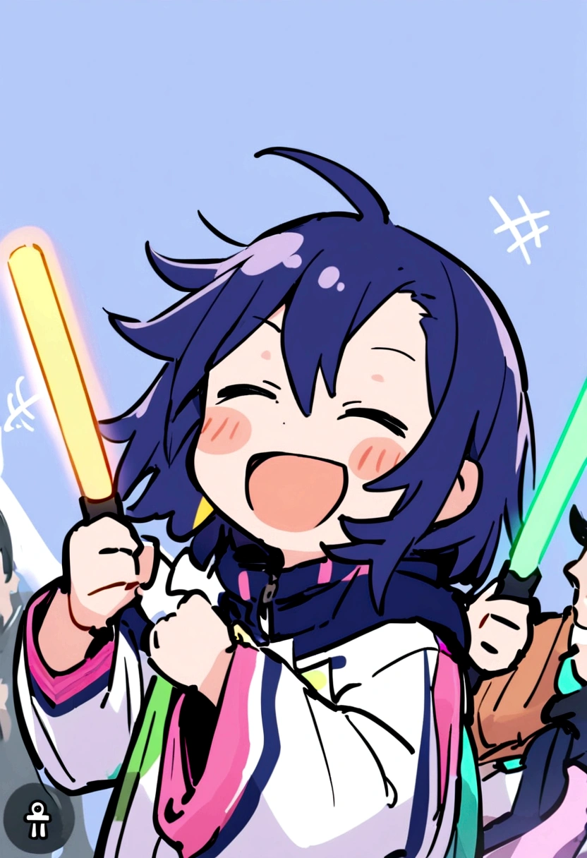 A boy with short black messy hair holding two glow stick,cheering