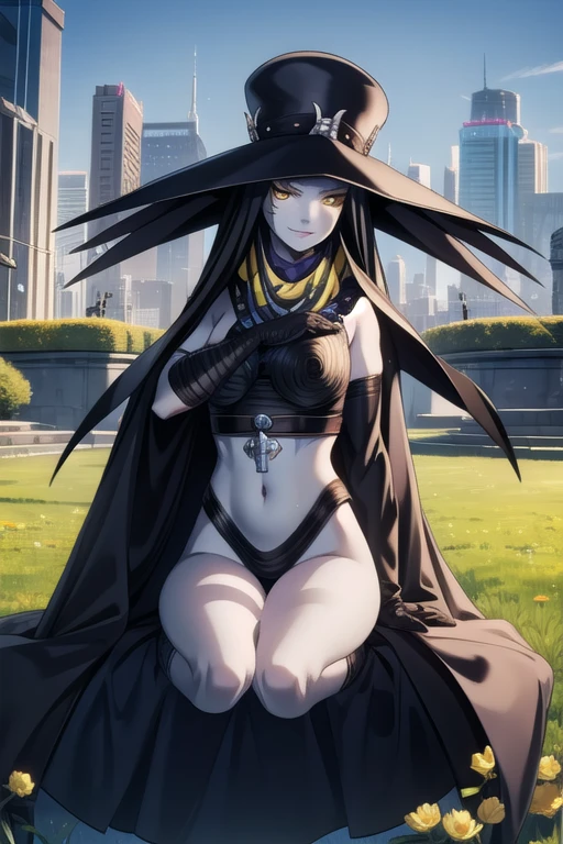 Masterpiece, best quality, Scathach, solo, female1, shin megami tensei, cape hat, cape, flower tattoo, gloves, white skin, (yellow eyes 1.1), flowing, sitting, shirt, smile, park, city