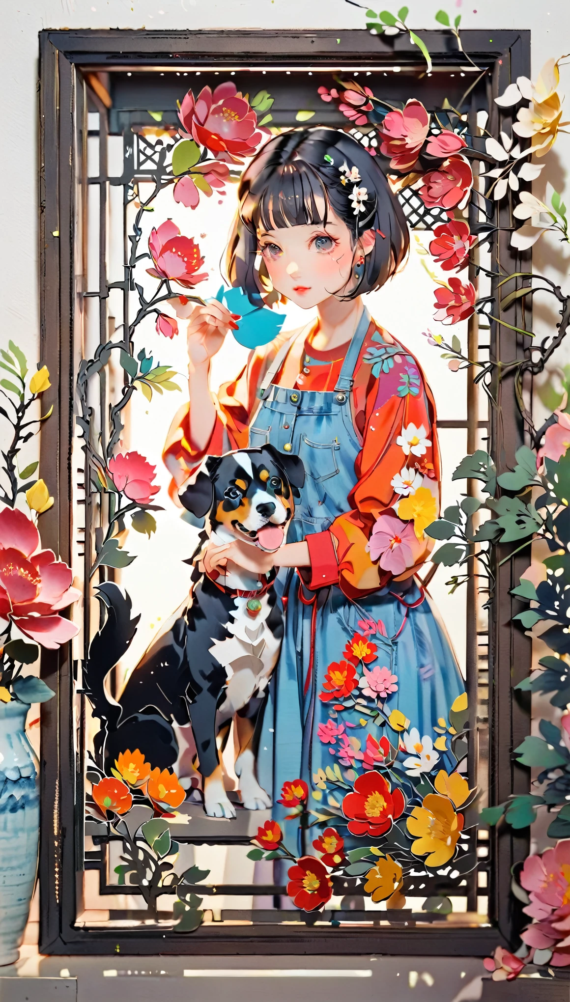 (((paper cutting style))), 1 girl, black short hair, bob cut, denim, shirts, 1 dog with girl, (frame of illustration is 3D paper cutting), (colorful)