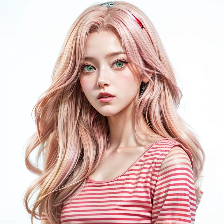 young woman, short shoulder-length pink hair, wide forehead, porcelain skin, pink eyebrows, big emerald green eyes, buttoned nose, full lips, heart-shaped face, slender body, small breasts, red tank top, Sakura Haruno , realistic, realism, details, 3d, well detailed