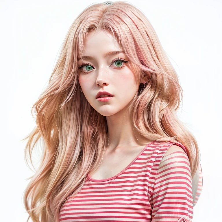 young woman, short shoulder-length pink hair, wide forehead, porcelain skin, pink eyebrows, big emerald green eyes, buttoned nose, full lips, heart-shaped face, slender body, small breasts, red tank top, Sakura Haruno , realistic, realism, details, 3d, well detailed
