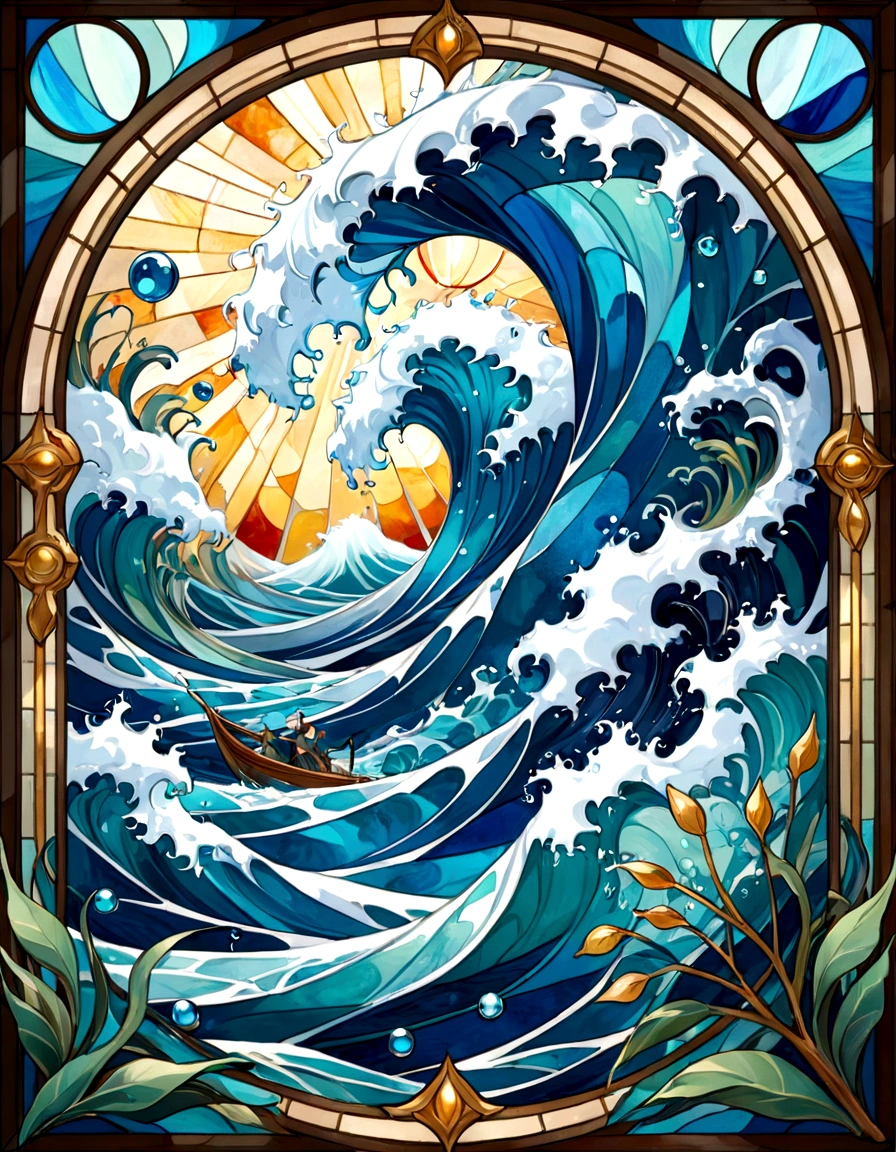 Create a series of images for the element water inspired by the aesthetics of a detailed stained glass art with defined lines and vivid colors that mimic and remind us of a bygone fantasy era. The element of water with details and embellishments inspired by waves and water currents. deep blues, turquoises, sea greens and sparkling whites. Incorporate elements of water and bubbles, with water leaves and wave details. Symbols or objects such as a trident or a stick with a water motif. Hide a man representing air with the same stain glass