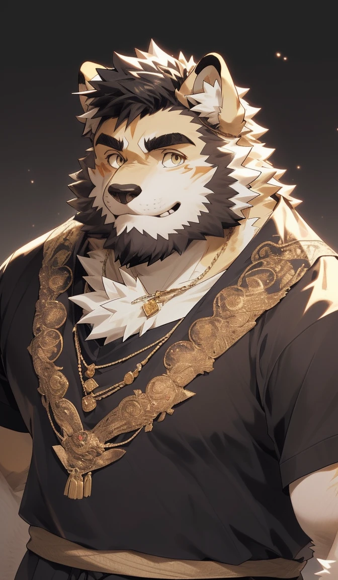 hairy,(dog,Q version style:1.3)beard,Golden pupils,White fur,Express,Q version male,Smile,Half-length photo,Real background,极其lifelike阴影,masterpiece,Very detailed,lifelike。