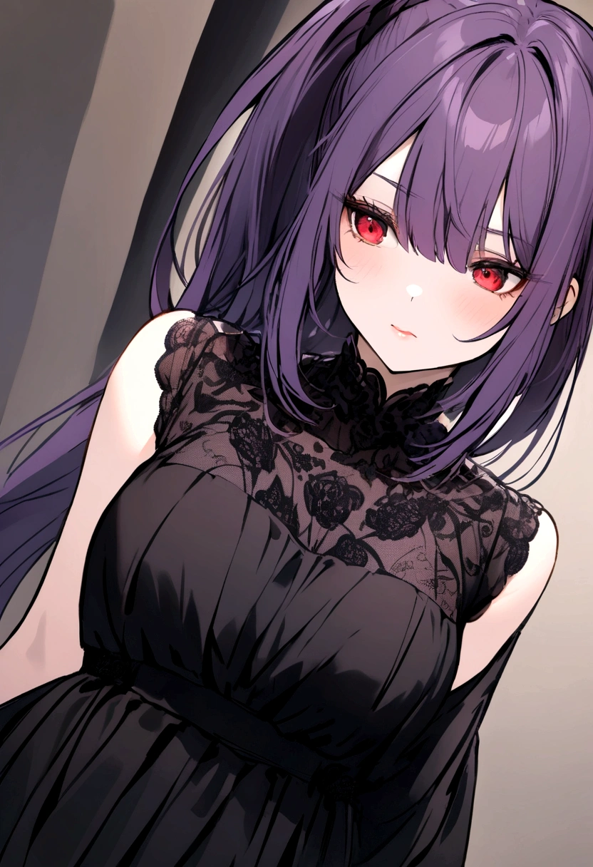 purple haired girl, waist length ponytail, red eyes, wearing black dress like model,