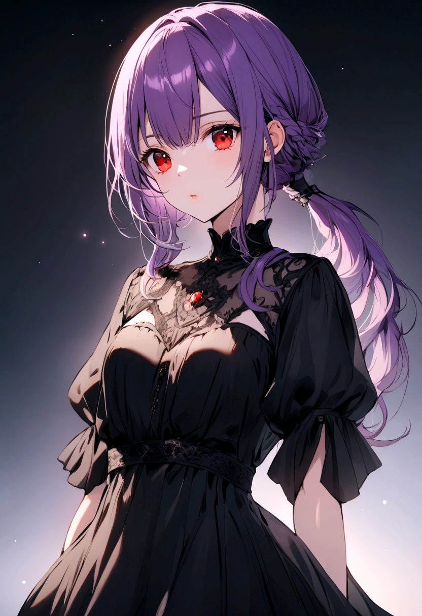 purple haired girl, waist length ponytail, red eyes, wearing black dress like model,