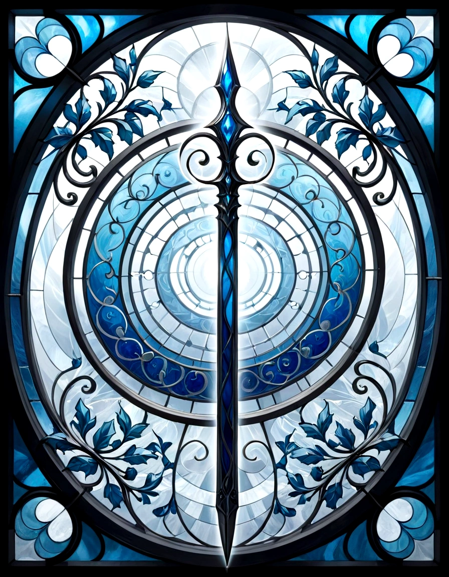 Create a series of images for the element air inspired by the aesthetics of a detailed stained glass window with defined lines and vivid colors as fantasy. Each image should reflect the characteristics of the corresponding element, using an appropriate color palette. The element of air inspired by winds and clouds with white, gray, light blue and silver tones Incorporate elements of air and wind, with light leaves and details in the form of spirals. Symbols or objects such as a spear or scepter with an air motif.