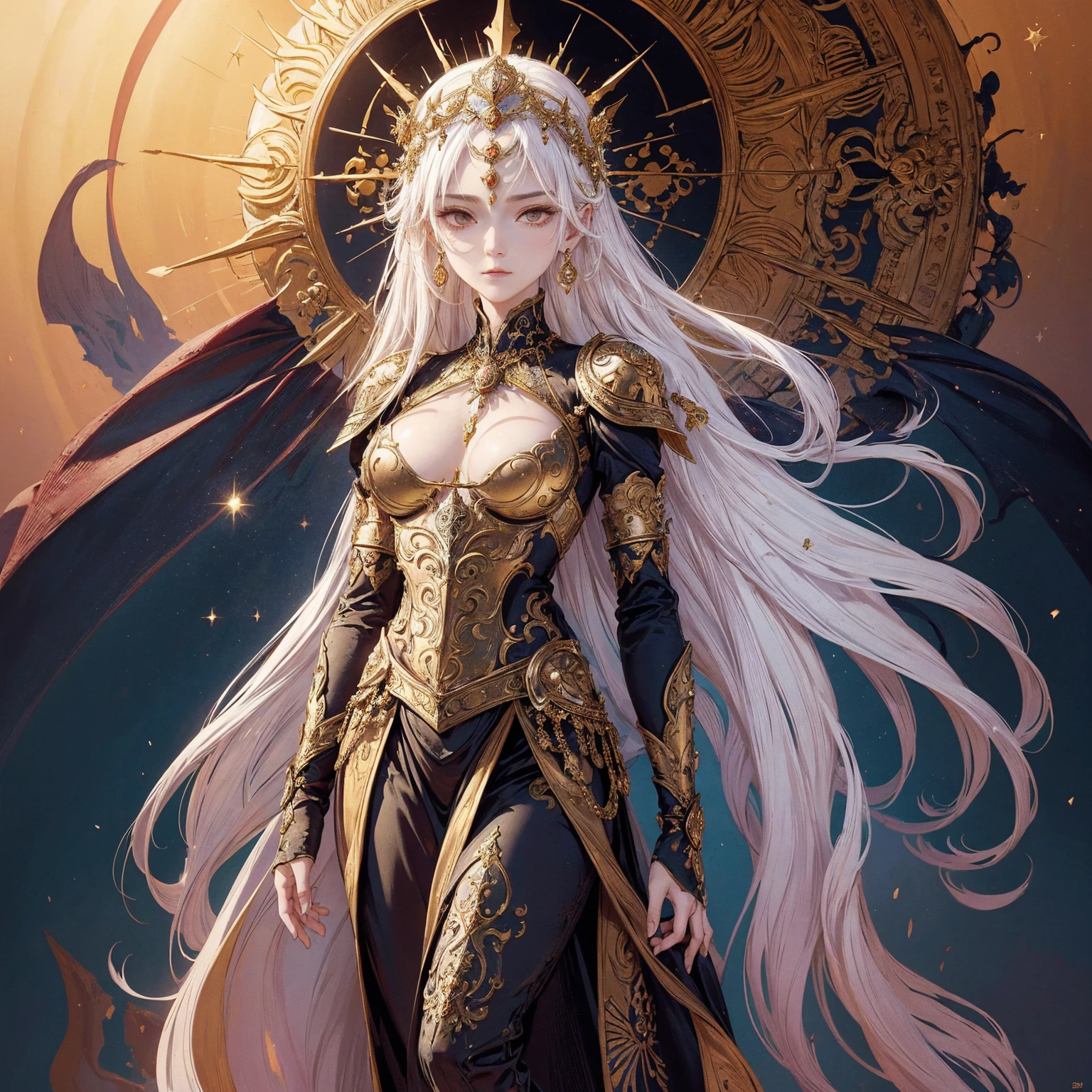 Art of a Woman Wearing a Sun Crown, Wearing a gorgeous breastplate that exposes a small amount of breast skin, ancient goddess art, Sacredness. Very detailed, Mysterious inspiration, Inspiration from the Sun God, Religious inspiration, Cold and snobbish face, White hair, Standing, Full body portrait, Gothic art style, Weird art style, Occult art