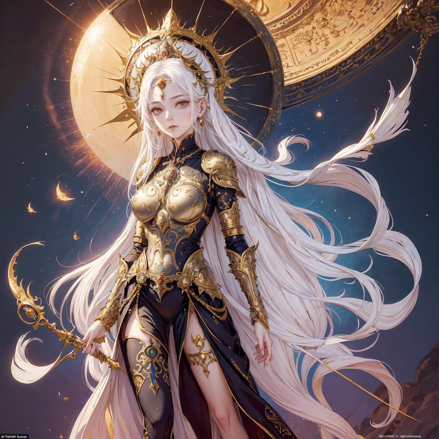 Art of a Woman Wearing a Sun Crown, Wearing a gorgeous breastplate that exposes a small amount of breast skin, ancient goddess art, Sacredness. Very detailed, Mysterious inspiration, Inspiration from the Sun God, Religious inspiration, Cold and snobbish face, White hair, Standing, Full body portrait, Gothic art style, Weird art style, Occult art
