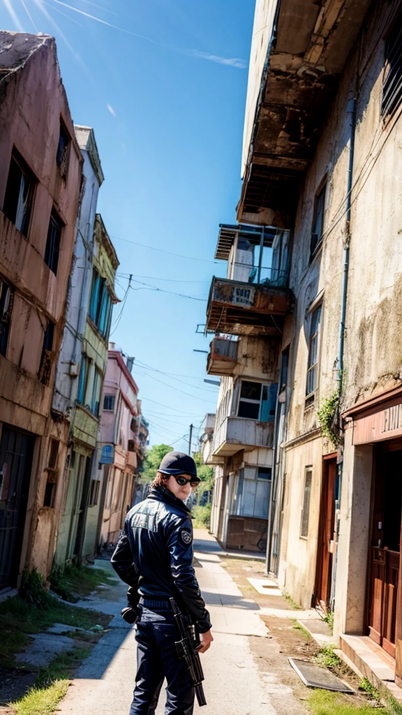 A cool spy with a gun, abandoned building, looking back and being vigilant