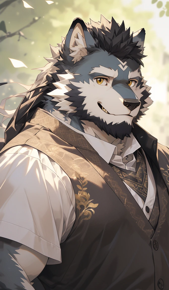 hairy,(Wolf,Q version style:1.3)beard,Golden pupils,White fur,Express,Q version male,Smile,Half-length photo,Real background,极其lifelike阴影,masterpiece,Very detailed,lifelike。