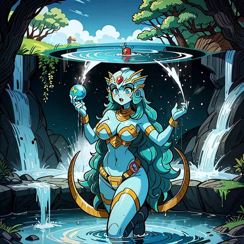 TETHYS was the an goddess of the primal font of fresh water which nourishes the earth. the mother of the Potamoi (Rivers), the Okeanides (Oceanids) (nymphs of springs, streams and fountains), and the Nephelai (Clouds). Tethys, mother is Gaia (Earth), fed her springs with the waters of Okeanos drawn through subterranean acquifers. Her name was derived from the Greek word têthê meaning "nurse". Titdes remained neutral in the War, and retained their positions as prophetic goddesses.GaurdiansoftheGalaxy, this could be creative or sexy oifferent but it must be a toonish concept or in a cartoonish style, anime, Image with full resolution/quality/sharpness/, Unreal Engine 5/Power Rangers/Tokusatsu/Mortal Kombat/Super Metroid, Cartoon/Disney/Dragon ball/Style, ((1/Woman/big breasbelt/Mega Man-X/Kamen Rider/Spiderman)), mohawk long hair, looking at viewer, pose, City at night shower strongly,