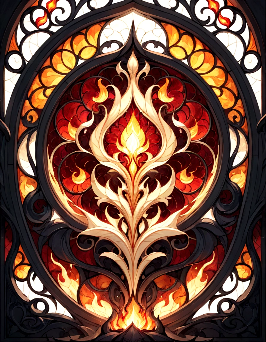 Create a series of images for the element fire inspired by the aesthetics of a detailed stained glass art with defined lines and vivid colors that mimic and remind us of a bygone fantasy era. Each image should reflect the characteristics of the corresponding element, using an appropriate color palette. The element of fire, with details and ornaments inspired by flames and heat. Intense reds, bright oranges, yellows and golden tones. Incorporate elements of fire and lava, with burning blades and details in the form of flames.