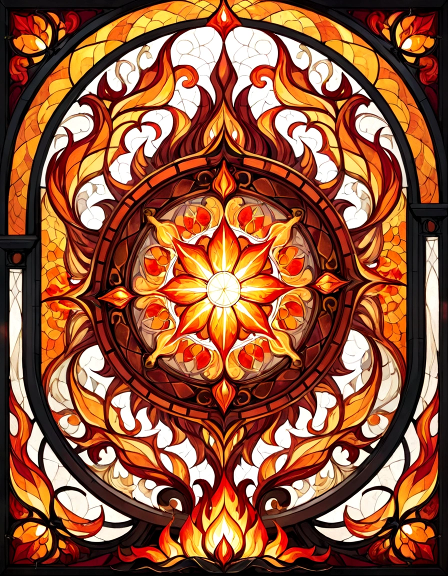 Create a series of images for the element fire inspired by the aesthetics of a detailed stained glass art with defined lines and vivid colors that mimic and remind us of a bygone fantasy era. Each image should reflect the characteristics of the corresponding element, using an appropriate color palette. The element of fire, with details and ornaments inspired by flames and heat. Intense reds, bright oranges, yellows and golden tones. Incorporate elements of fire and lava, with burning blades and details in the form of flames.