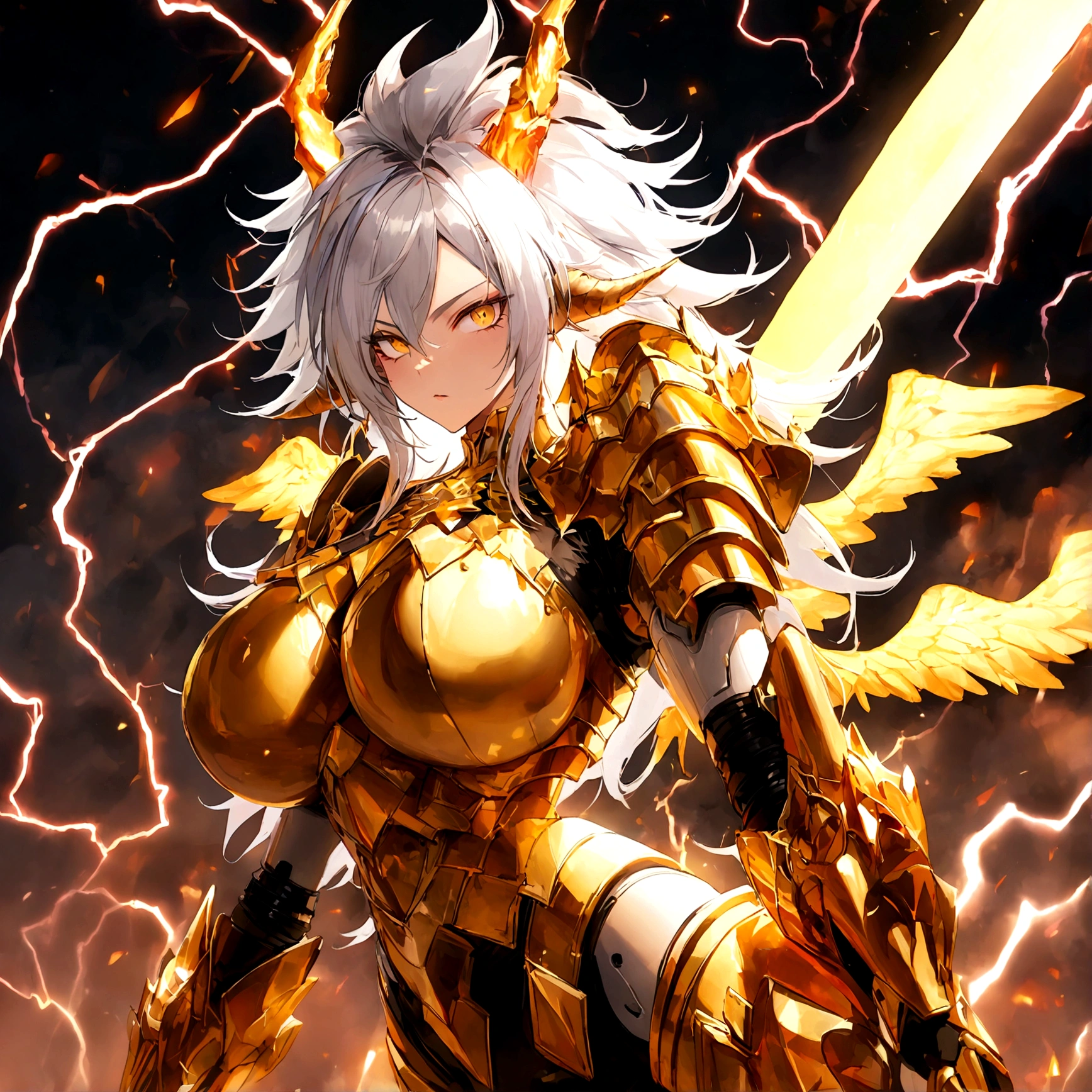((Lightning Power)), ((Electricity)), ((Fire Background)), ((Lightning Storm)), ((Power Erupting)),((((android 21 Evil)))), (((white Coat))), (((Busty))), (((((Big breast:1,3)))), luxury bustier corset, (((silver hair))), (((Very slim waist))), propotional body, ((Gorgeous)), (((gold wings))), masterpiece, hyperdetail, ambient effect, digital effect, (((FIRE SWORD)), (((Lightning Sword))), (((Fire Gold Armor))), (((Lightning Gold Wings))), (((Fire Blazing Horns)))