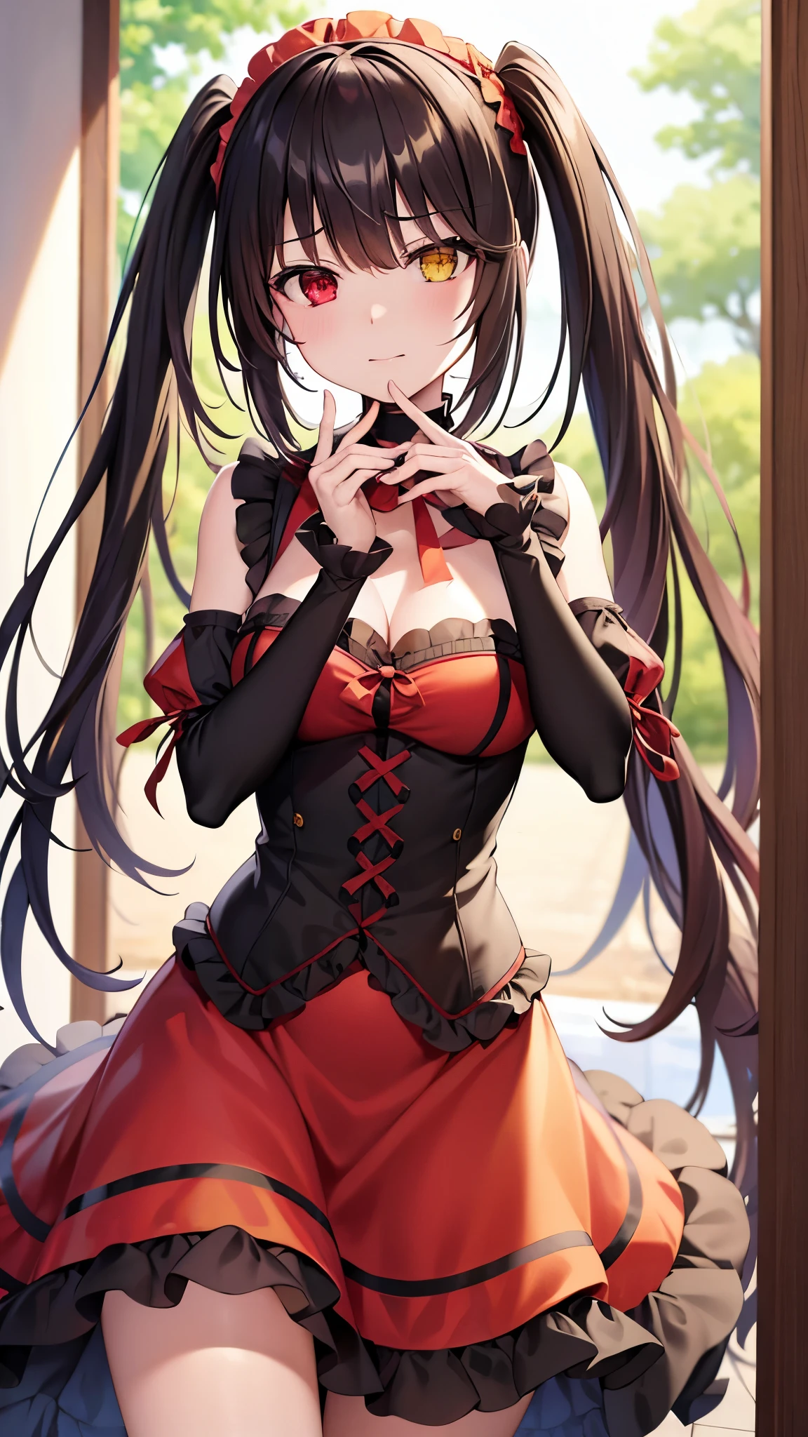 8k,Ultra-detailed game CG, (High resolution:1.1),(Absurd:1.1), highest quality, 超High resolution, 最High resolution, Very detailed, One Girl, KurumiBase, (Clock Eye), Heterochromia iridis, (Red eyes:1.2), (Yellow Eyes:1.5), (((Long twin tails))), hair band, Red dress, Frills, Removable sleeves, Frillsチョーク, View Viewer, alone, Pretending to be embarrassed, Upload to TikTok