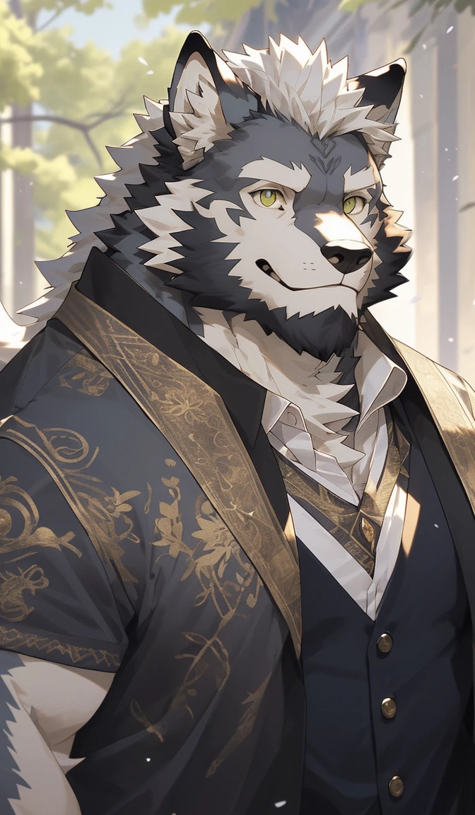 hairy,(Wolf,Q version style:1.3)beard,Golden pupils,White fur,Express,Q version male,Smile,Half-length photo,Real background,极其lifelike阴影,masterpiece,Very detailed,lifelike。