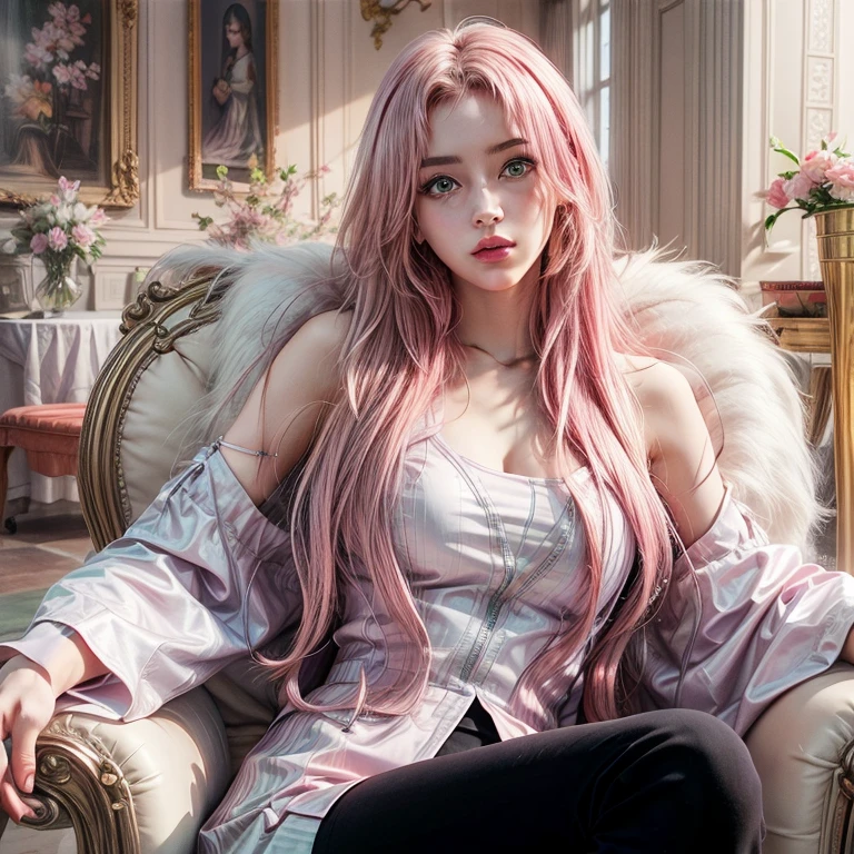 young woman, short shoulder-length pink hair, wide forehead, porcelain skin, pink eyebrows, big emerald green eyes, buttoned nose, full lips, heart-shaped face, slender body, small breasts, red tank top, Sakura Haruno , realistic, realism, details, 3d, well detailed