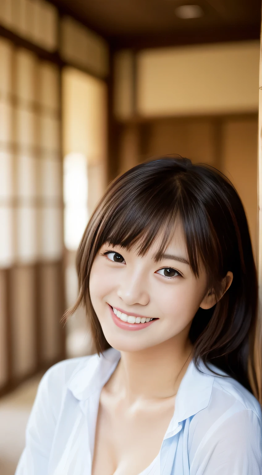 masterpiece,best quality,(Japanese ),((Beautiful girl)),cleavage,indoor,(perfect body beauty:1.2),(shy smile),beautiful teeth,