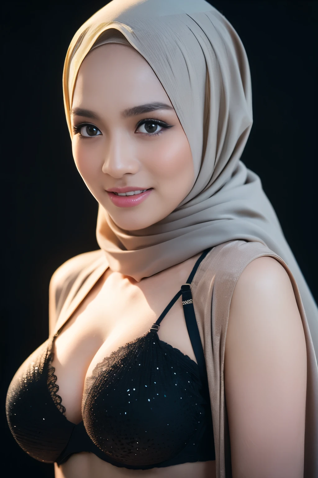 bellydancer, space, javanese, (((hijabi))), cleavage, reflection light, chiaroscuro, depth of field, cinematic lighting, ray tracing, Sony FE GM, UHD, super detail, masterpiece, textured skin, high details, best quality, award winning，3D,hdr（HighDynamicRange）,Ray tracing,NVIDIA RTX,Hyper-Resolution,Unreal 5,Subsurface scattering、PBR Texture、post-proces、Anisotropy Filtering、depth of fieldaximum definition and sharpnesany-Layer Textures、Albedo e mapas Speculares、Surface coloring、Accurate simulation octane rendering of light-material interactions、Two-colored light、largeaperture、Low ISO、White balance、the rule of thirds、8K raw data