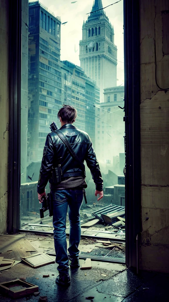 a cool spy with a gun, abandoned building, looking back with caution, portrait, intricate details, dramatic lighting, cinematic composition, moody atmosphere, muted color palette, hyper-realistic, award-winning digital painting, masterfully executed, highly detailed, razor-sharp focus, photorealistic, cinematic angle, dynamic pose, intense gaze, tense expression, gritty urban environment, crumbling architecture, dramatic shadows, saturated colors, impactful composition, atmospheric depth of field, expertly rendered textures, high-quality, ultra-detailed