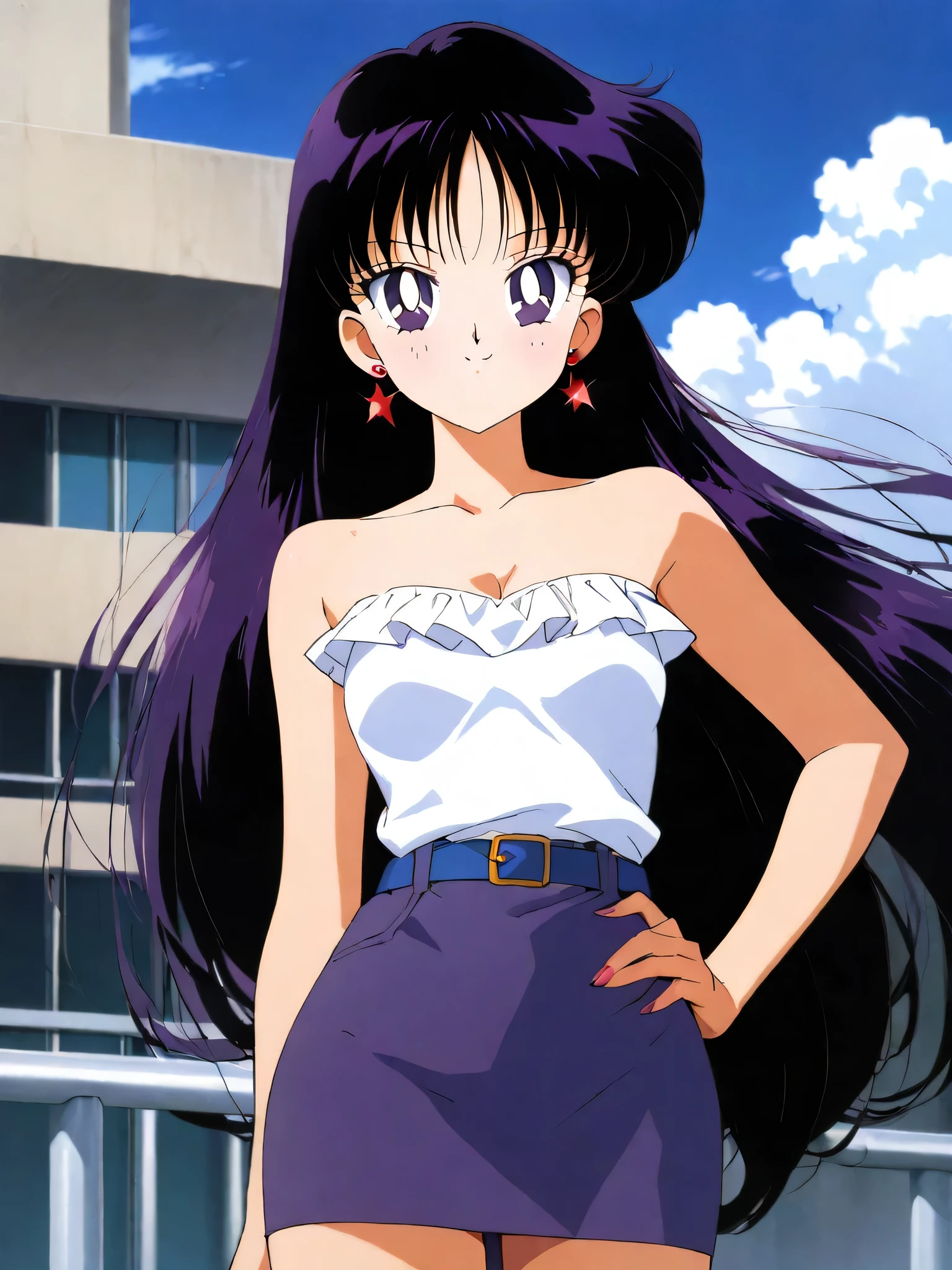 aamars, very long hair, black hair, parted bangs, purple eyes, 1990s \(style\), 1 girl, solo, Best quality, masterpiece, High Definition, earrings, strapless white ruffle off the shoulders top, white tank top, cleavage, blue belt, purple pencil skirt, small breasts, sky, clouds, high school building, smile, looking at viewer, cowboy shot,