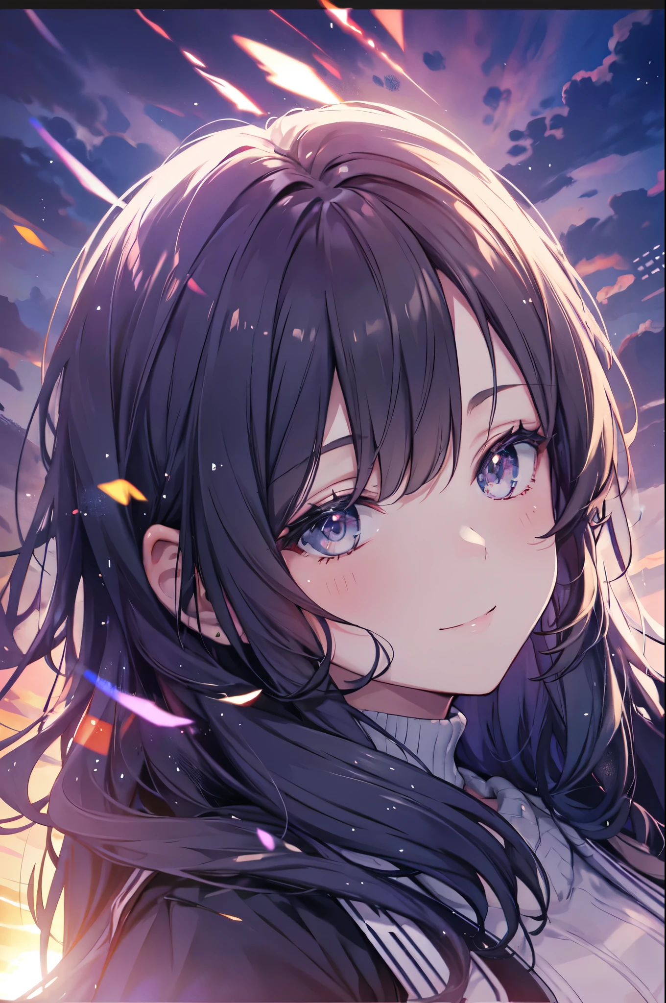 (Dark Scene, Soft lighting, High chroma):1.4, Vivid lighting, Enchanting elegance, Atmospheric Depth, Great technology, Naturalistic representation, Harmonious composition, Creative refinement, Striking contrast,
(One Girl, Young Beauty), Sitting, smile, View your audience, From above, Sharp focus, Extra Large_sweater, shoulder,
((sunset)),Volumetric Fog, Outdoor, Backlight