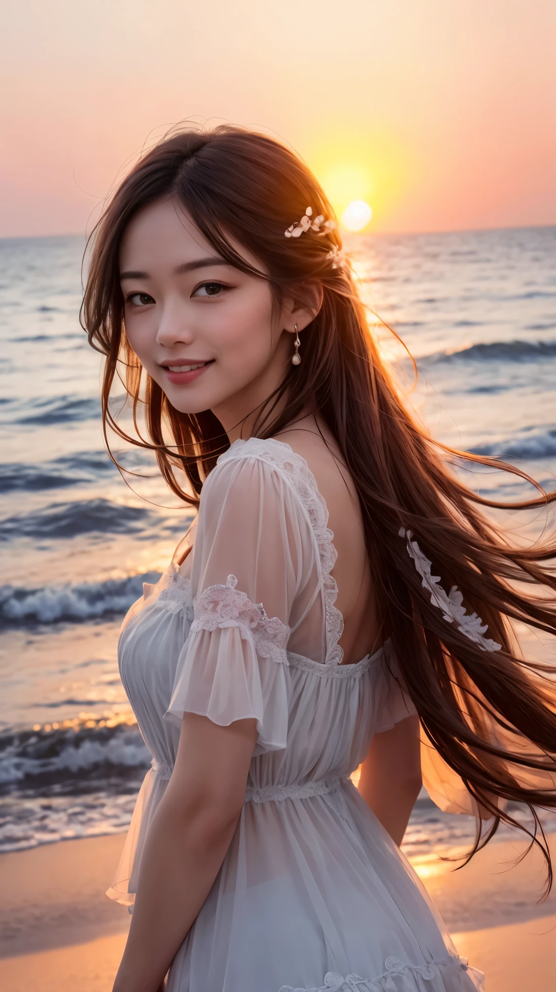Sunset lighting, seaside， (best quality), (model), Backlight, There is light on the face, (quality improvement), Delicate eyes, Delicate face, good quality eyes，A gentle breeze ruffles the hair，Smile，Sweet Dream