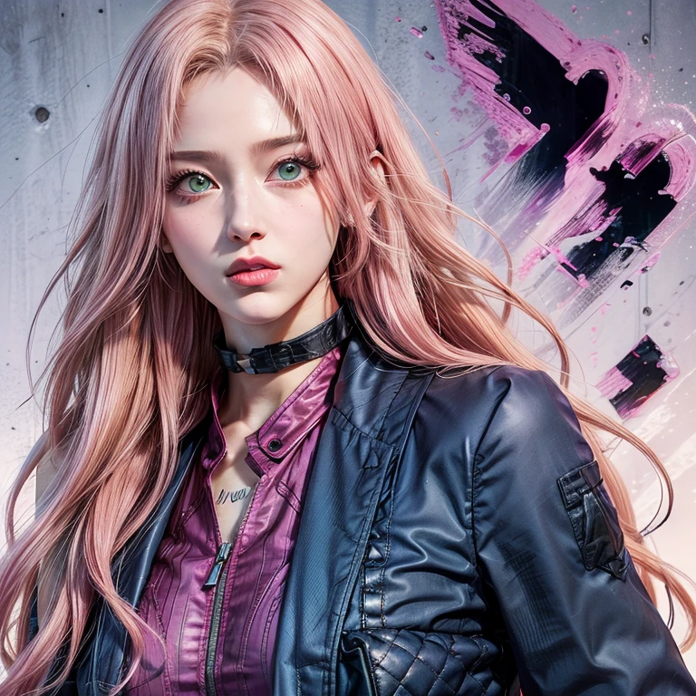 young woman, short shoulder-length pink hair, wide forehead, porcelain skin, pink eyebrows, big emerald green eyes, buttoned nose, full lips, heart-shaped face, slender body, small breasts, red tank top, Sakura Haruno , realistic, realism, details, 3d, well detailed