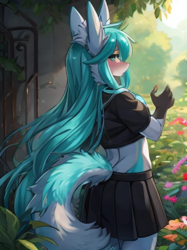 Chica anime, anime style, cute hatsune miku x suicune, shy girl , Orejas de Kitsune, arte de dark natasha, garden landscape, arte de vixen aztra, cuerpo completo, patas hermosas, cintura delgada, caderas amplias, piernas torneadas, hermosa, foto de cuerpo completo, sensual navel blouse, black skirt, navel piercing, ear piercing, navel tattoo, shy pose, back pose, hands up, black body, beatifull and detailed hands, grabbing ass