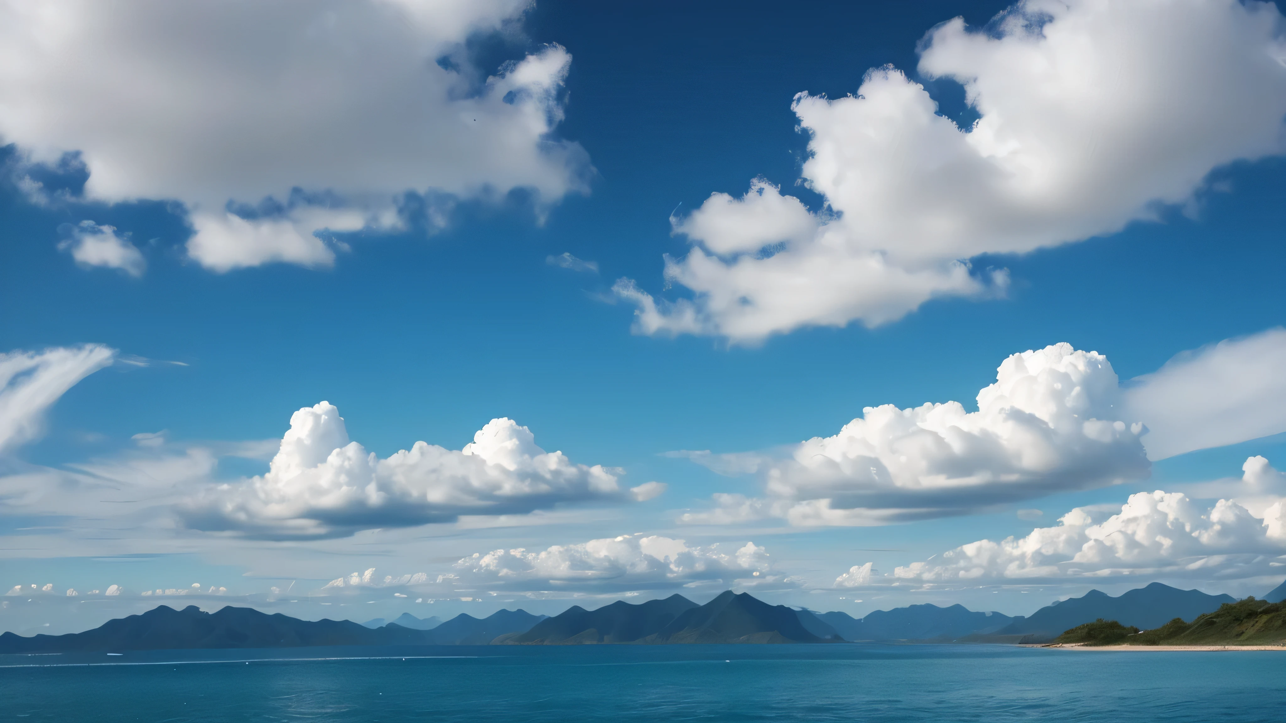 Blue sky and white clouds, Ocean, Mountains in the distance, 