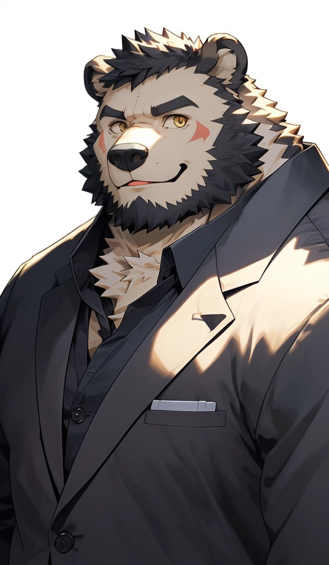 hairy,(Bear,Q version style:1.3)beard,Golden pupils,White fur,Express,Q version male,Smile,Half-length photo,Real background,极其lifelike阴影,masterpiece,Very detailed,lifelike。