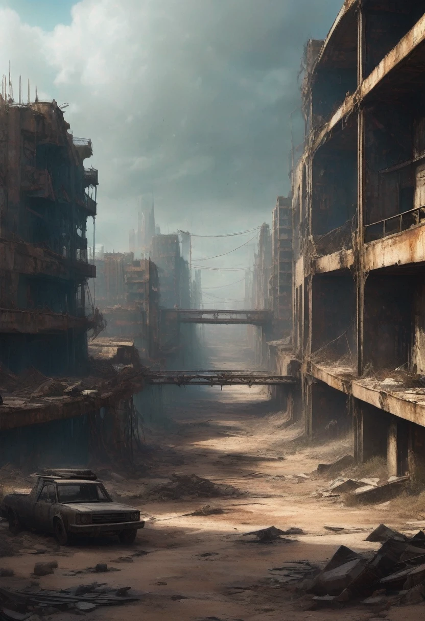 image of a top view of a deteriorated bridge that snakes between two buildings in the center of a post-apocalyptic canyon, atmosfera cinza-azulada, chuva, view of the entire dark desert, there is a reinforced concrete walkway connecting two dark buildings on the horizon, tem muitos fios de energia pendurados na ponte, high voltage wires falling from the bridge, o tem predios altos e curvos no horizonte, tem um trem moderno de passageiros sujo e enferrujado caindo da ponte, the train is hanging on the bridge and is broken, curved metallic tall buildings on the skyline everywhere, has smoky metal structures, carros abandonados nas ruas, desert megalopolis, alto buildings and collapsing to the ground, many dilapidated metal buildings around, sol da tarde, gray and dark sky, 2 planets visible in the dark sky between dark clouds, dark night in the sky, There are 2 planets visible in the blue-gray atmosphere, TEM UMA GAROTA VESTIDA COM CAPUZ ANDANDO NA RUA, as realistic as possible, As detailed as possible, as realistic as possible, ultra realismo