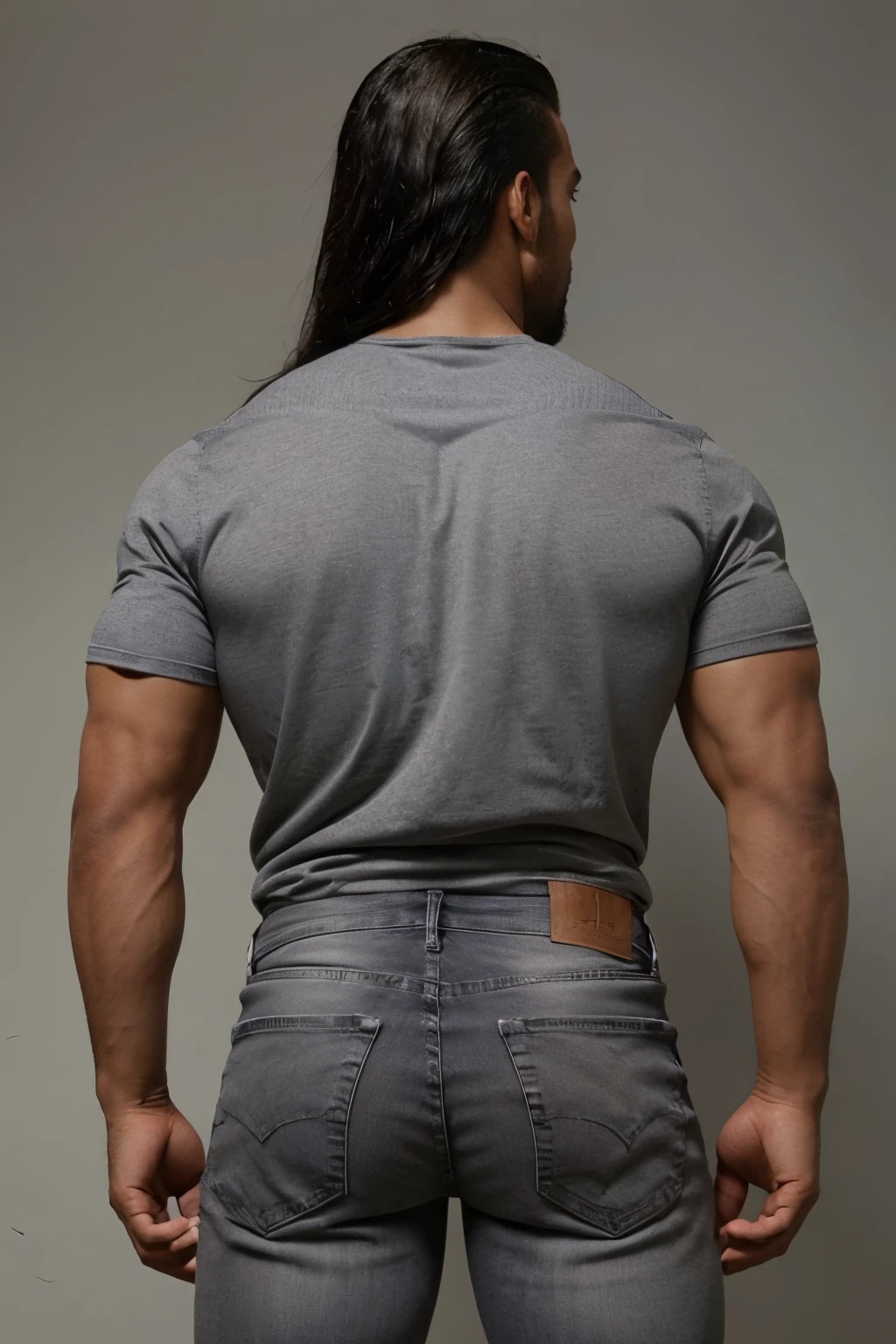 jogador de futebol, homem negro, very handsome, cabelos brancos, muscular, full body, gray jeans (((backside)))