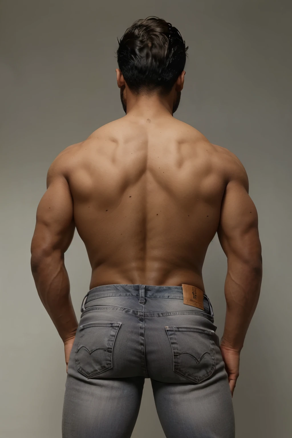 jogador de futebol, homem negro, very handsome, cabelos brancos, muscular, full body, gray jeans (((backside)))