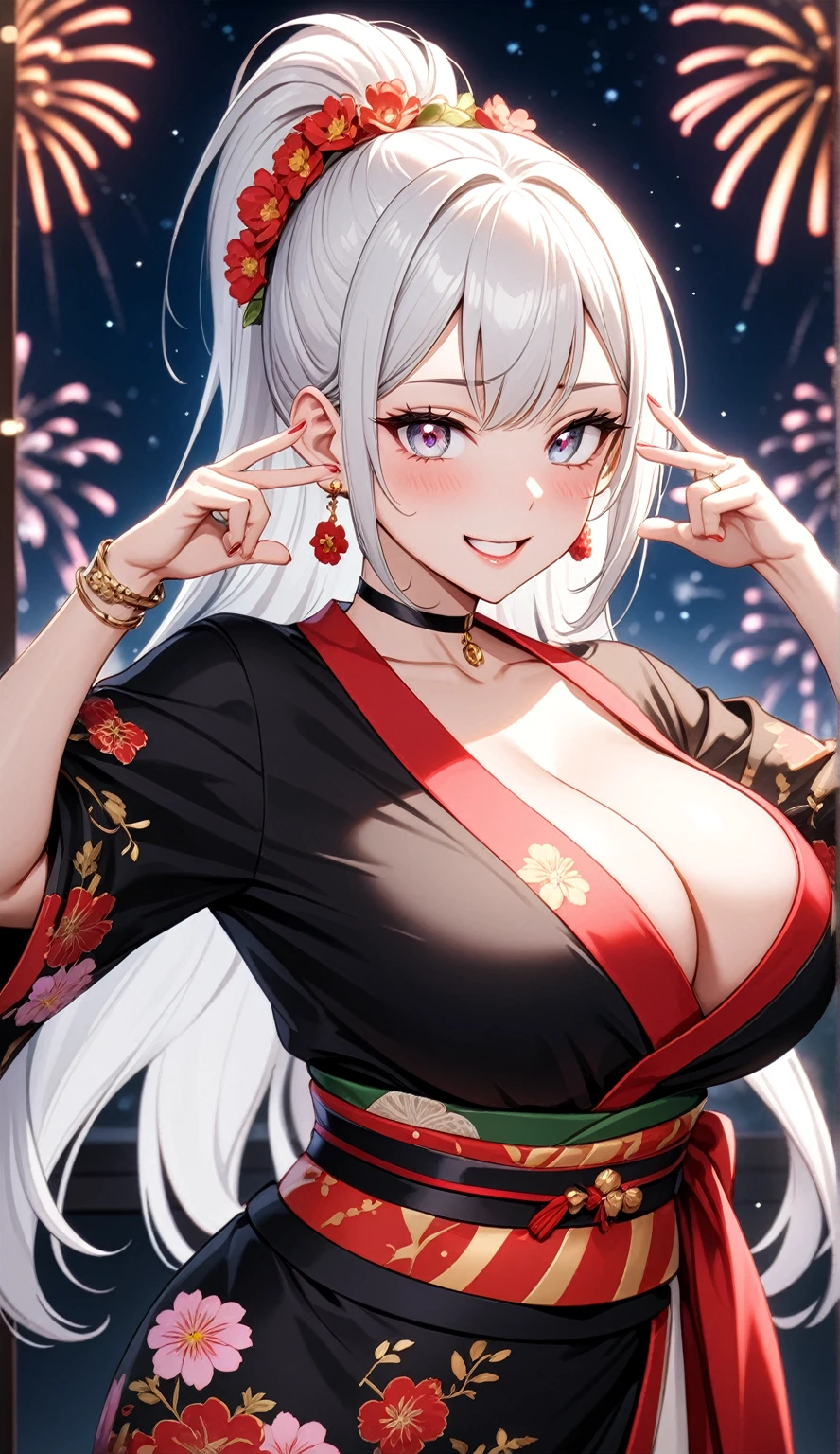 ((one personの女性)), Beautiful Face,((Wink:1.9)),(a woman making a cute hand sign. She is placing both hands on her head, with a playful smile),(Bright red cheeks:1.4),Laughing embarrassedly,Laughing with your mouth open,Glossy pink lips,Lighting on the face,night,night景と海が美しい公園,Colorful fireworks,((Anime style background)),masterpiece, highest quality, so beautiful, Latest, Complex details, (Pink long nails),(ring),(bracelet),(choker),AI-generated, Complex,High resolution, highest quality, super high quality,3D Images、View your viewers、3D Images,one person,Long white hair,High Ponytail,(blue eyes),Anime woman posing for a photo, ((Fine grain、Silvery white colorful eyes、Shining Eyes:1.3)),(Squint your eyes:1.1),a hyperRealistic , hyperRealistic , Realistic,Anime woman with long and white hair, Smooth anime CG art, A woman in a colorful kimono with gold embroidery, (Black kimono),Red floral pattern,Long flower hair ornament,Big earrings,Mature Body,(Big Breasts:1.2),Tall,Abdominal muscles,Narrow waist,