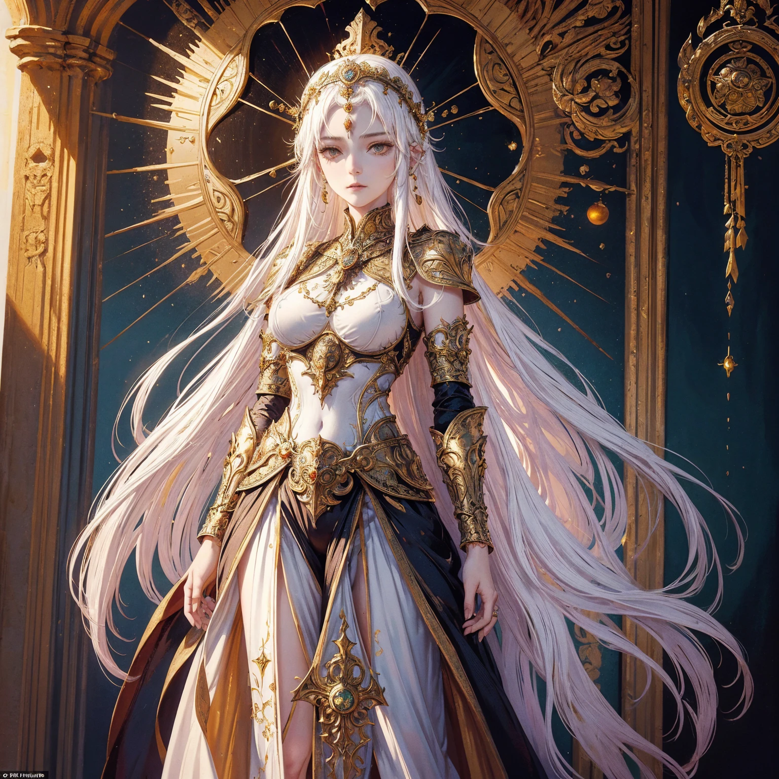 Art of a Woman Wearing a Sun Crown, Wearing a gorgeous breastplate that exposes a small amount of breast skin, ancient goddess art, Sacredness. Very detailed, Mysterious inspiration, Inspiration from the Sun God, Religious inspiration, Cold and snobbish face, White hair, Standing, Full body portrait, Gothic art style, Weird art style, Occult art