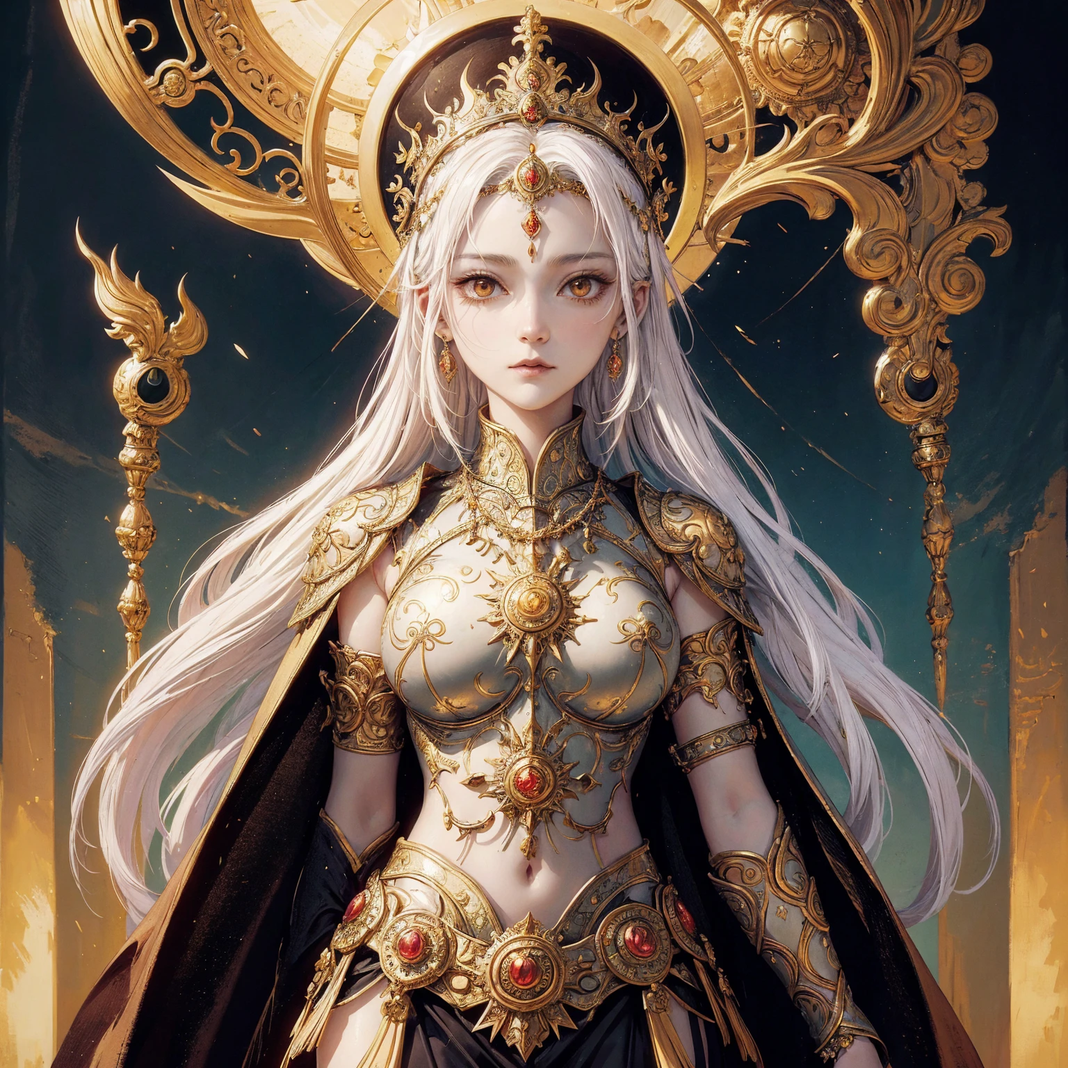 Art of a Woman Wearing a Sun Crown, Wearing a gorgeous breastplate that exposes a small amount of breast skin, ancient goddess art, Sacredness. Very detailed, Mysterious inspiration, Inspiration from the Sun God, Religious inspiration, Cold and snobbish face, White hair, Standing, Full body portrait, Gothic art style, Weird art style, Occult art