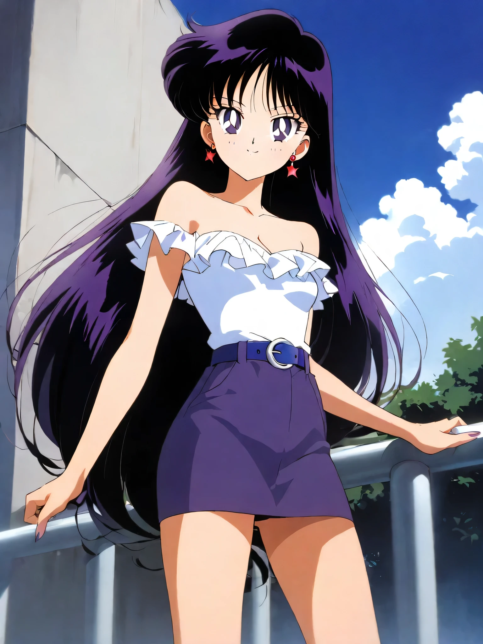 aamars, very long hair, black hair, parted bangs, purple eyes, 1990s \(style\), 1 girl, solo, Best quality, masterpiece, High Definition, earrings, strapless white ruffle off the shoulders top, white tank top, cleavage, blue belt, purple pencil skirt, small breasts, sky, clouds, high school building, smile, looking at viewer, cowboy shot,