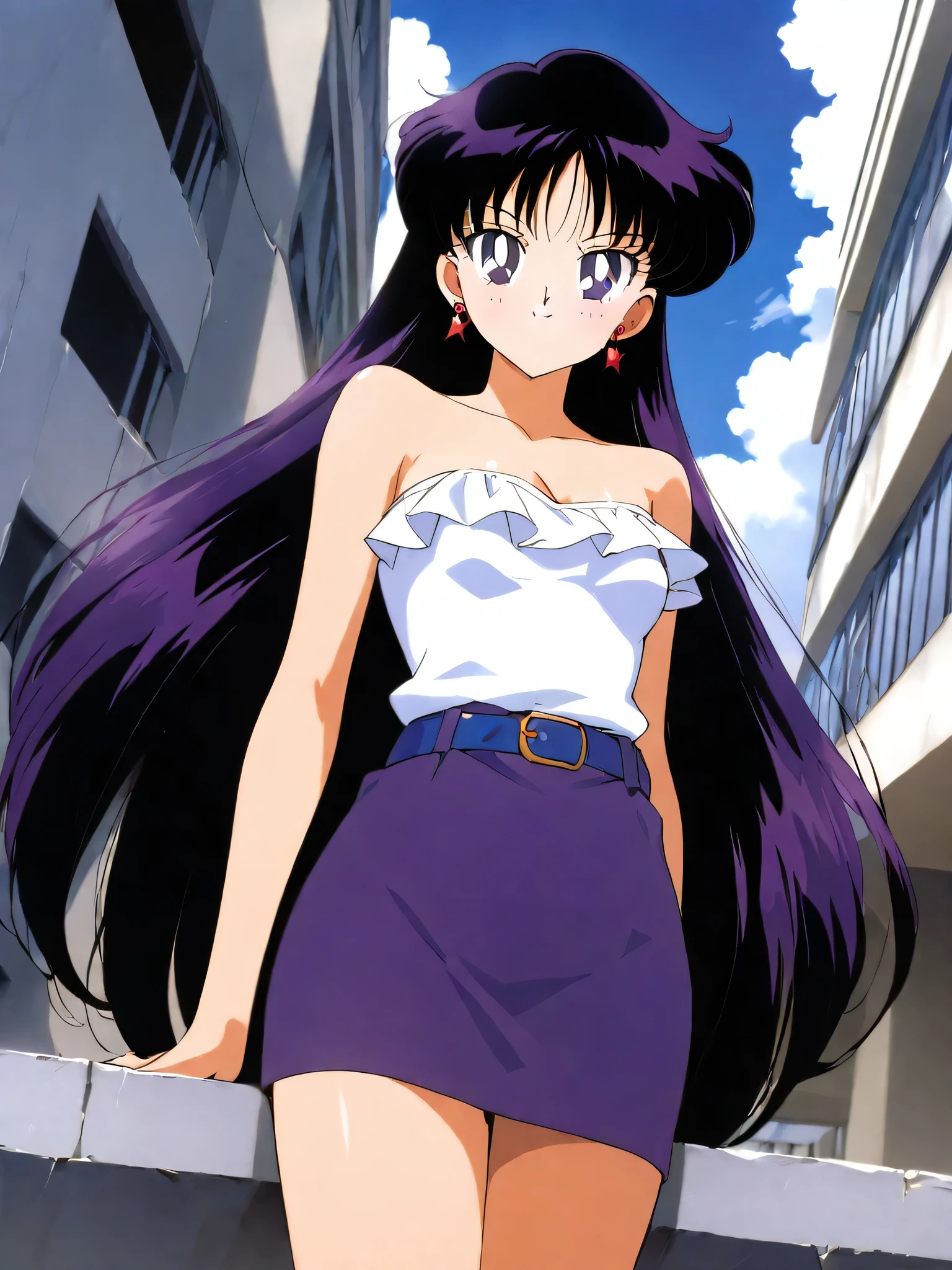 aamars, very long hair, black hair, parted bangs, purple eyes, 1990s \(style\), 1 girl, solo, Best quality, masterpiece, High Definition, earrings, strapless white ruffle off the shoulders top, white tank top, cleavage, blue belt, purple pencil skirt, small breasts, sky, clouds, high school building, smile, looking at viewer, cowboy shot,