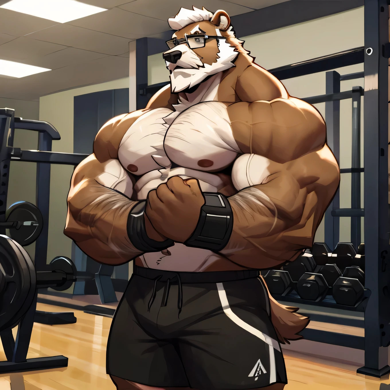 solo, 1boy, Huge Muscular Old Grizzly Bear wearing glasses , pectoral, huge pectoral, wide pectoral, short white hair, short pants black wristbands and shirtless topless, bearded, Mustache, gym background, masterpiece, high detailed, 8k, high resolution, at the gym, exercising arms, bicep curls
