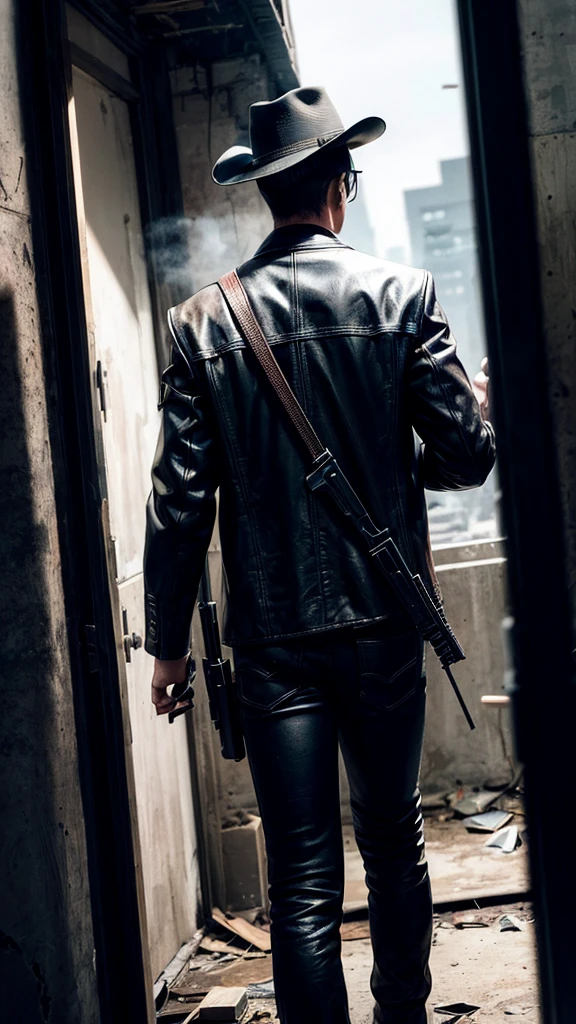a cool spy holding a gun, looking back cautiously in a dilapidated building, portrait, cowboy shot, dramatic lighting, cinematic composition, intricate details, hyper realistic, moody atmosphere, muted colors, gritty urban setting, dynamic pose, vigilant expression, high contrast, dramatic shadows, sense of tension and mystery