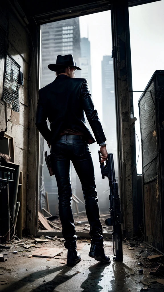 a cool spy holding a gun, looking back cautiously in a dilapidated building, portrait, cowboy shot, dramatic lighting, cinematic composition, intricate details, hyper realistic, moody atmosphere, muted colors, gritty urban setting, dynamic pose, vigilant expression, high contrast, dramatic shadows, sense of tension and mystery