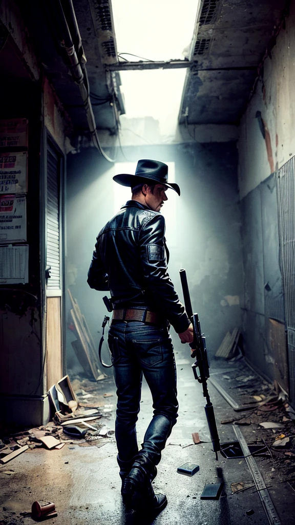 a cool spy holding a gun, looking back cautiously in a dilapidated building, portrait, cowboy shot, dramatic lighting, cinematic composition, intricate details, hyper realistic, moody atmosphere, muted colors, gritty urban setting, dynamic pose, vigilant expression, high contrast, dramatic shadows, sense of tension and mystery